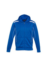 Kids United Hoodie in royal blue and white, featuring a full zipper, kangaroo pocket, and no drawstring hood for safety.