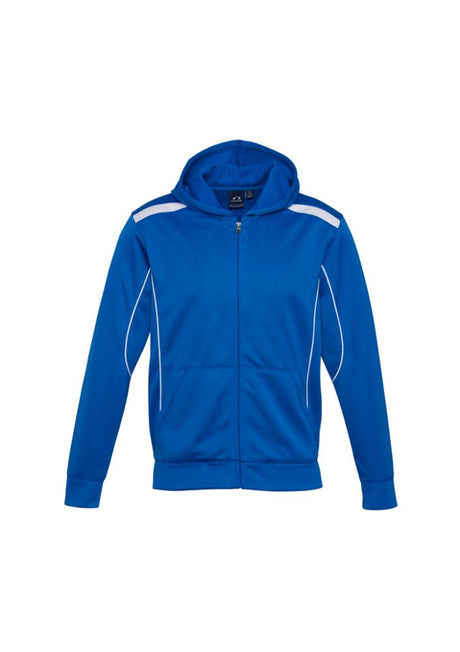 Kids United Hoodie in royal blue and white, featuring a full zipper, kangaroo pocket, and no drawstring hood for safety.