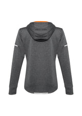 Ladies Pace Hoodie in grey and fluoro orange offers breathability, sweat-wicking fabric, and reflective trims for visibility.
