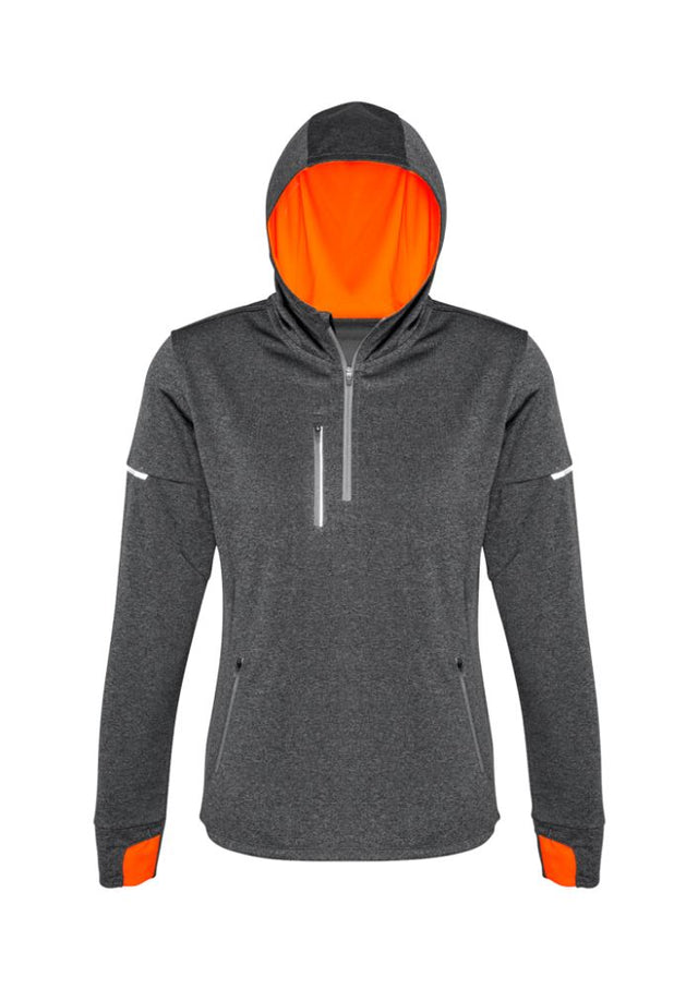 Ladies Pace Hoodie in Grey/Fluoro Orange, size M, featuring breathable fabric, reflective trims, and thumb holes for warmth.