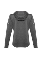 Ladies Pace Hoodie in grey and fluoro pink, size XL, featuring breathable fabric, reflective trims, and practical thumb holes.