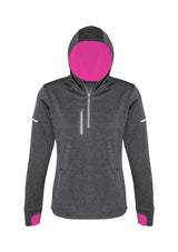 Ladies Pace Hoodie in grey and fluoro pink, size M, featuring breathable fabric, reflective trims, and thumb holes for comfort.