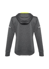Ladies Pace Hoodie in grey and fluoro yellow, size L, features breathable fabric, reflective trims, and thumb holes for comfort.