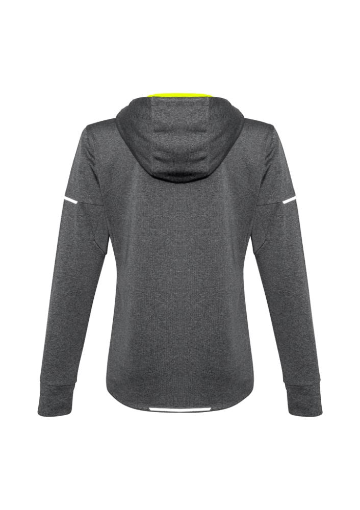 Ladies Pace Hoodie in grey and fluoro yellow, featuring reflective trims, thumb holes, and breathable polyester for comfort and visibility.
