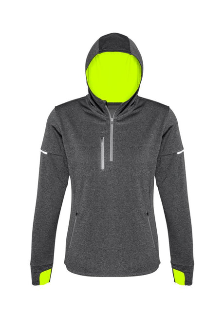 Ladies Pace Hoodie in Grey and Fluoro Yellow, featuring breathable fabric, reflective details, and thumb holes for comfort.