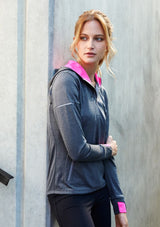Stylish grey and fluoro orange ladies hoodie with reflective trims, thumb holes, and breathable fabric for activewear.