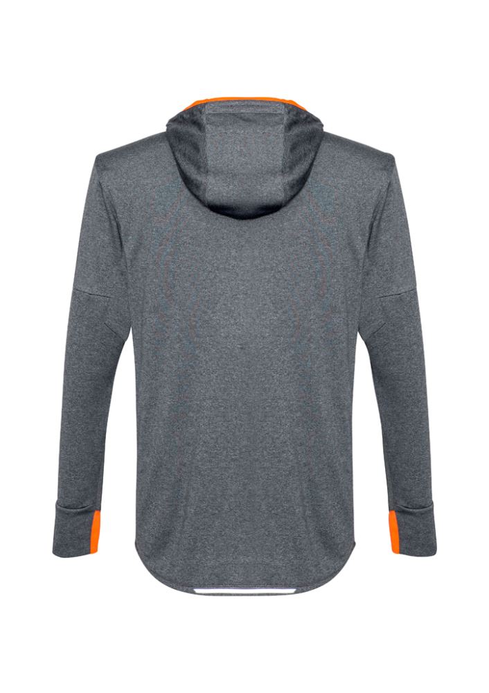 Men's Pace Hoodie in grey and fluoro orange, featuring sweat-wicking fabric, reflective trims, and thumb holes for comfort.