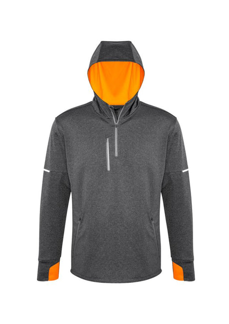 Men's Pace Hoodie in grey and fluoro orange, featuring reflective trims, thumb holes, and breathable sweat-wicking fabric.
