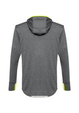 Men's grey and fluoro yellow hoodie featuring breathable fabric, reflective trims, and thumb holes, perfect for active wear.