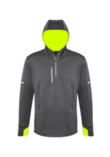 Men's Pace Hoodie in grey with fluoro yellow accents, featuring breathable fabric, reflective trims, and thumb holes for comfort.
