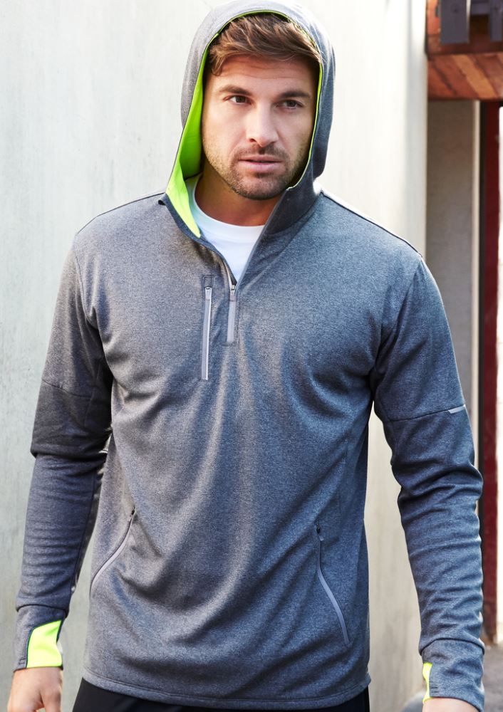Men's Pace Hoodie in grey and fluoro orange, featuring breathable fabric, reflective trims, and thumb holes for comfort and visibility.