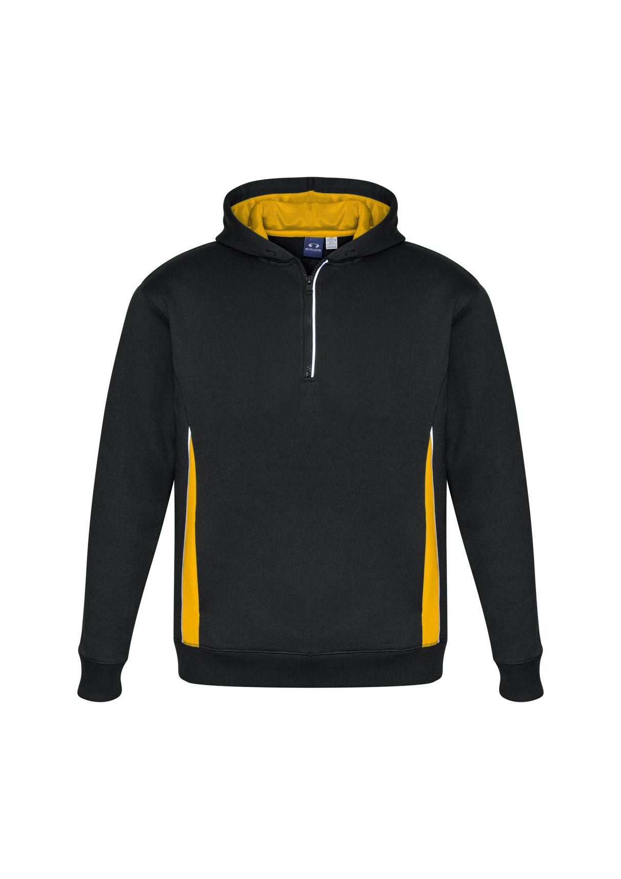Kids Renegade Hoodie in black, gold, and silver, featuring a zip neck, reflective trims, and cozy hand warmer pockets.