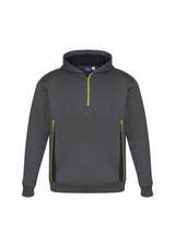 Kids Renegade Hoodie in grey, black, and fluoro yellow, featuring zip neck, side pockets, and reflective trims for safety.