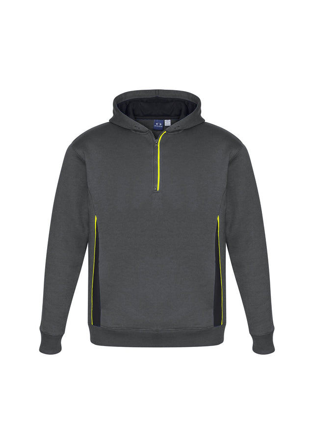 Kids Renegade Hoodie in grey, black, and fluoro yellow features a zip neck, hand warmer pockets, and reflective trims for safety.