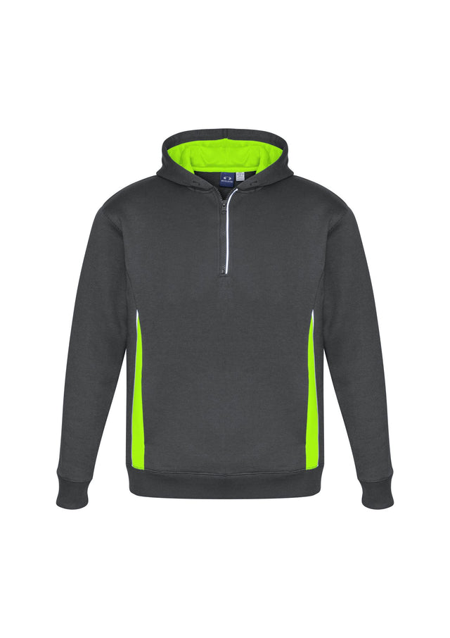 Kids Renegade Hoodie in grey with fluoro lime and silver, featuring zip neck, reflective trims, and warm pockets. Size 10.