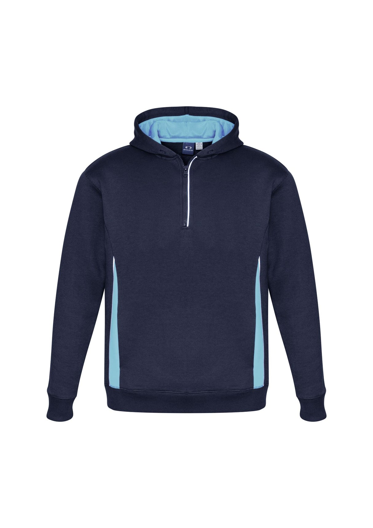 Kids Renegade Hoodie in Navy/Sky/Silver, size 16, featuring zip neck, mesh hood, hand pockets, and reflective trims.