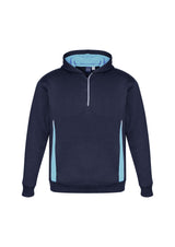 Kids Renegade Hoodie in Navy, Sky, and Silver, size 8, features zip neck, hand pockets, and reflective trims for style and comfort.