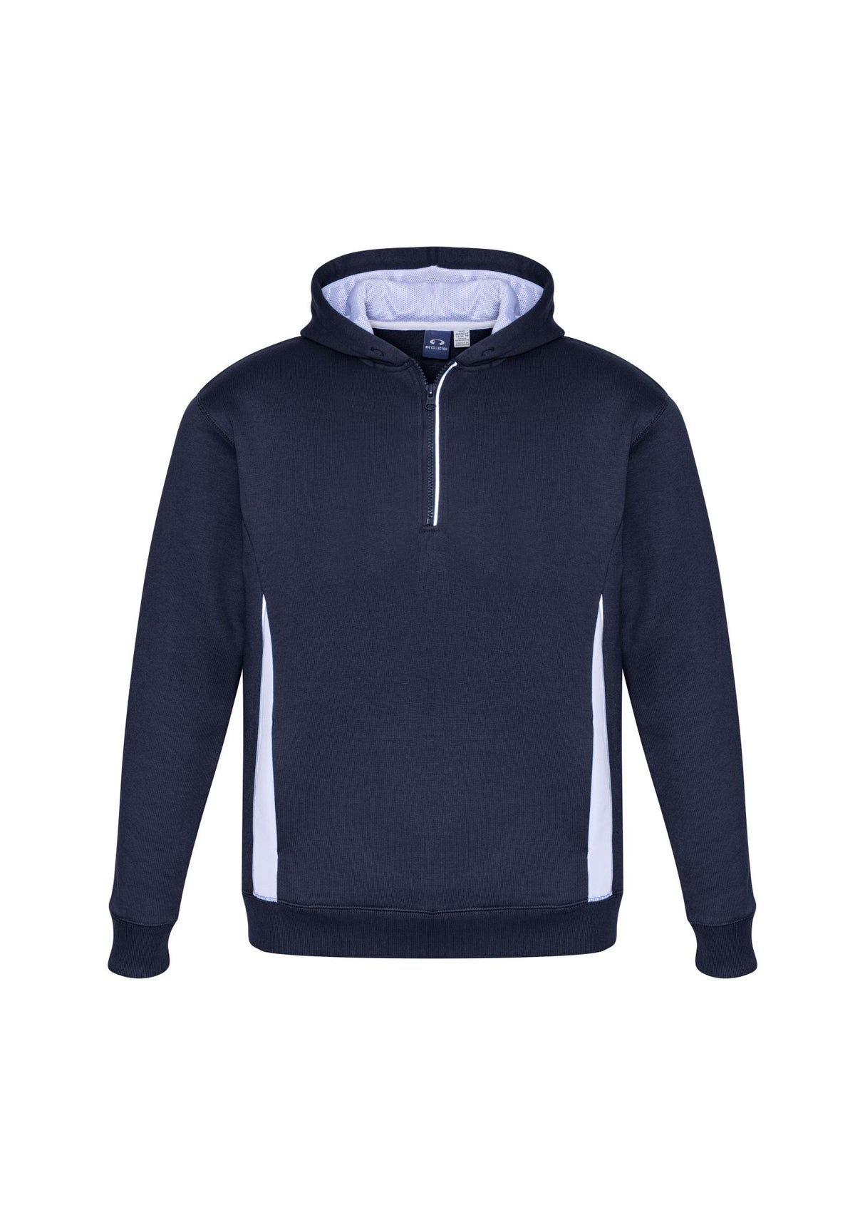 Kids Renegade Hoodie in Navy/White/Silver, size 10, featuring reflective trims, zip neck, and hand warmer pockets for active play.