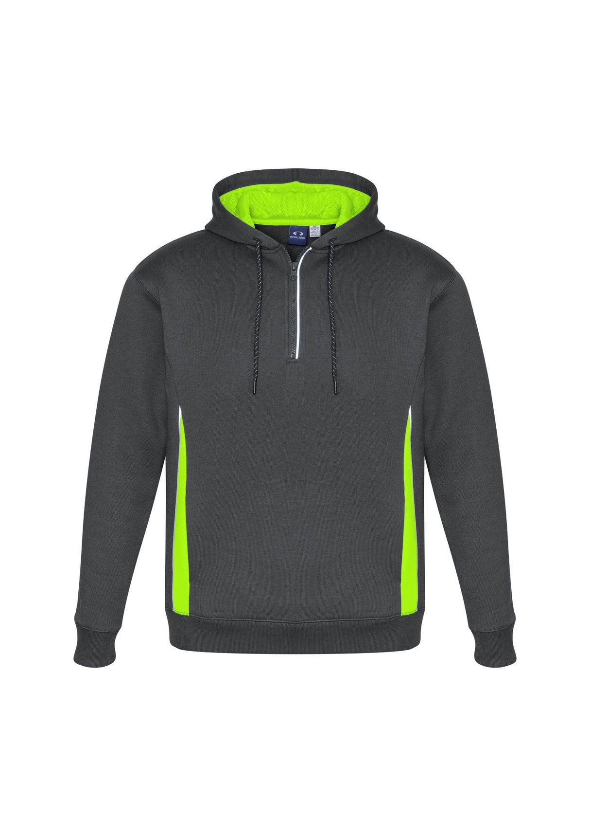 Adults Renegade Hoodie in Grey and Fluoro Lime with reflective trims, zip neck, and cozy side pockets for comfort.
