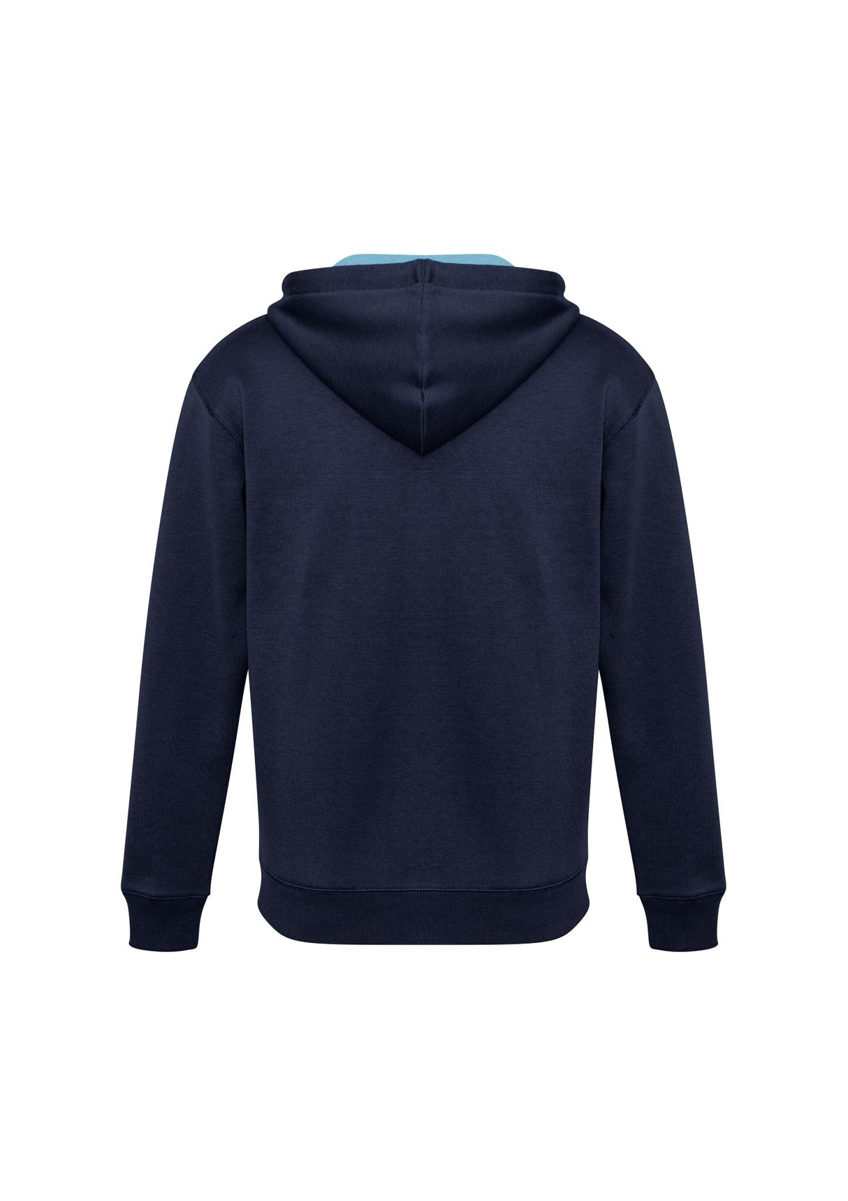 Navy, sky, and silver hoodie with zip neck, reflective trims, and hand warmer pockets; size M from Biz Collection.