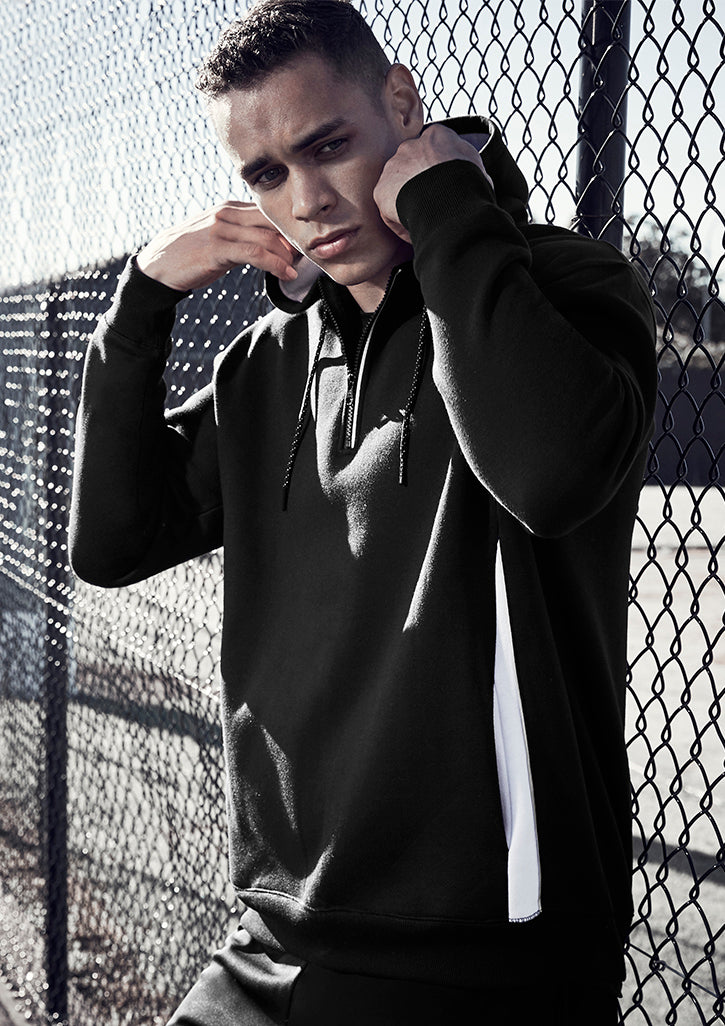 Adults Renegade Hoodie in Black, Red, and Silver featuring reflective trims, half-zip neck, and cozy fleece material. Size L.