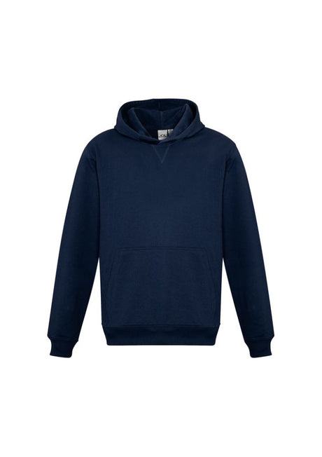 Navy Kids Crew Pullover Hoodie, size 10, featuring a front kangaroo pocket and soft, durable fleece blend for warmth.