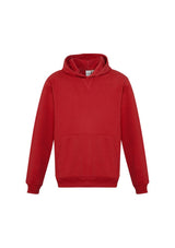 Vibrant red Kids Crew Pullover Hoodie in size 10, featuring a kangaroo pocket and no-drawstring design for safety.
