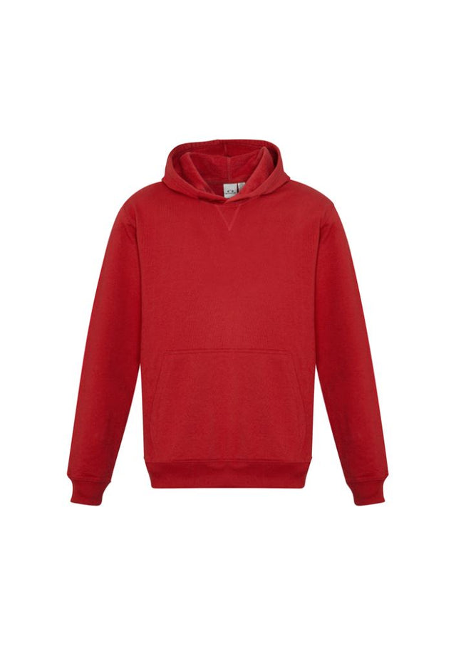 Vibrant red Kids Crew Pullover Hoodie in size 10, featuring a kangaroo pocket and no-drawstring design for safety.