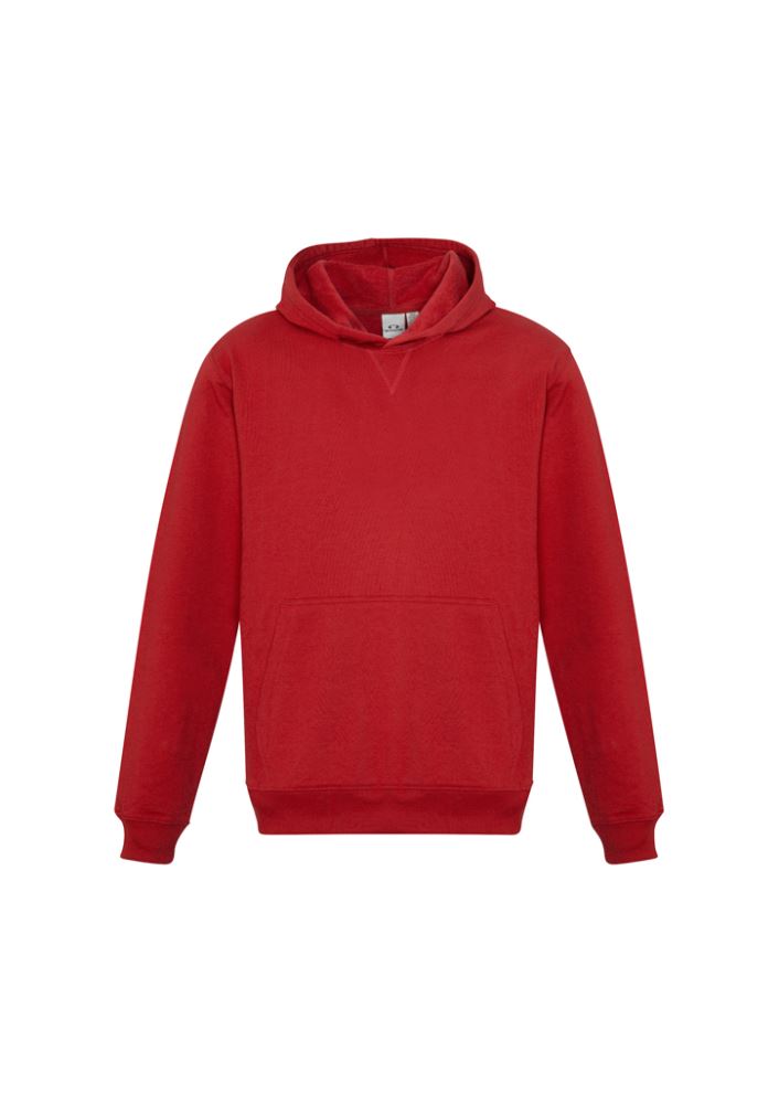 Bright red Kids Crew Pullover Hoodie, size 8, with kangaroo pocket, ribbed cuffs, and no drawstring for safety.