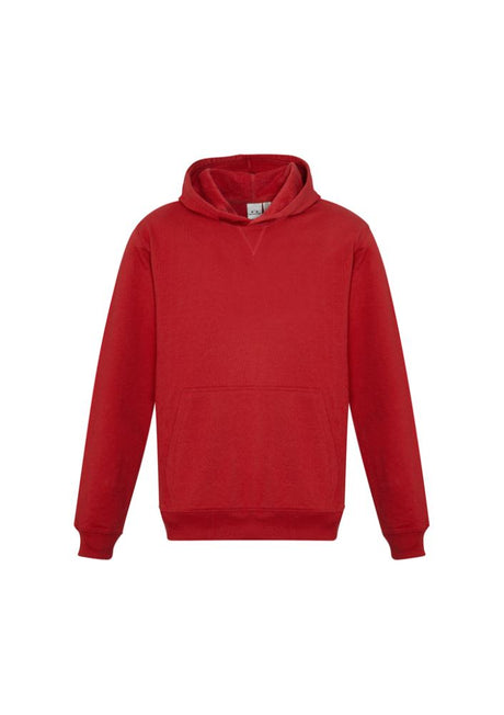 Bright red Kids Crew Pullover Hoodie, size 8, with kangaroo pocket, ribbed cuffs, and no drawstring for safety.