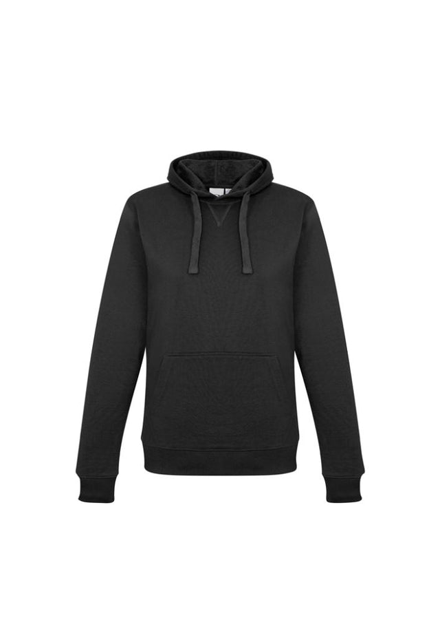 Ladies black crew pullover hoodie in size S, featuring a kangaroo pocket, hood with drawstring, and ribbed cuffs for comfort.