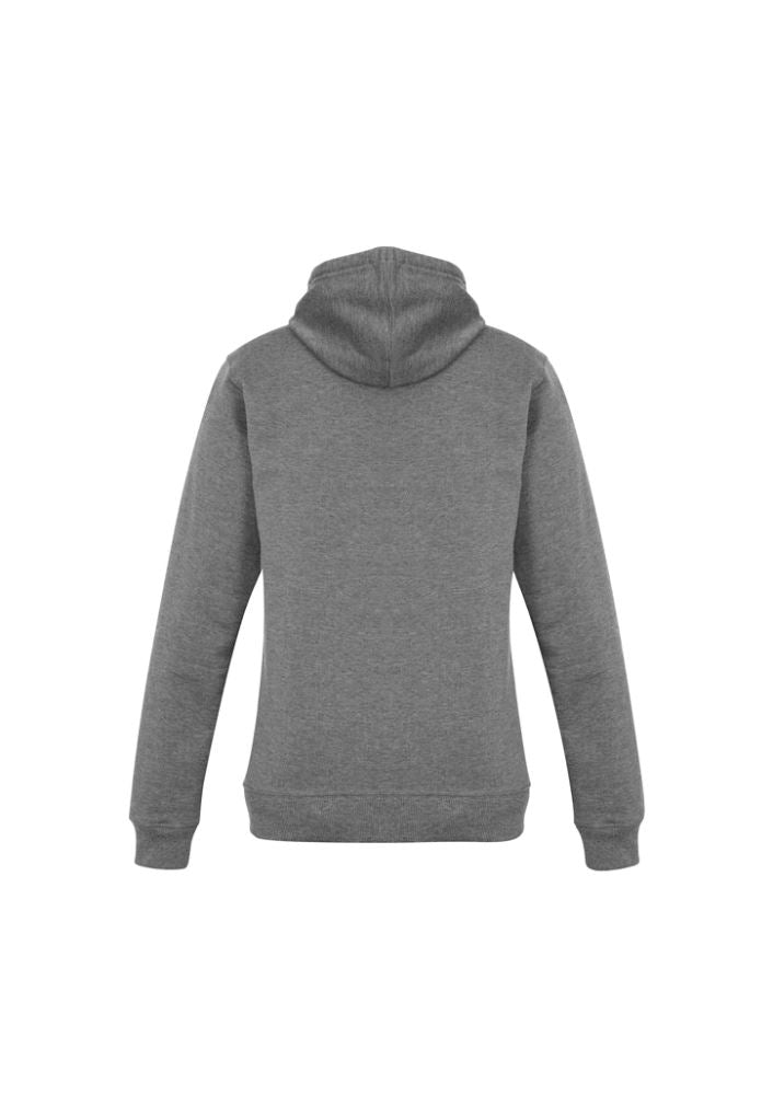 Ladies grey marle crew pullover hoodie, size XS, featuring kangaroo pocket, spacious hood, and stylish drawstring from Biz Collection.