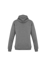 Ladies grey marle crew pullover hoodie, size XS, featuring kangaroo pocket, spacious hood, and stylish drawstring from Biz Collection.