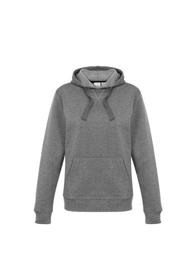 Ladies grey marle pullover hoodie with front kangaroo pocket and adjustable shoelace drawstring, made from soft fleece blend.