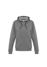 Ladies Grey Marle pullover hoodie, size XS, featuring a kangaroo pocket, spacious hood, and stylish drawstring for comfort.