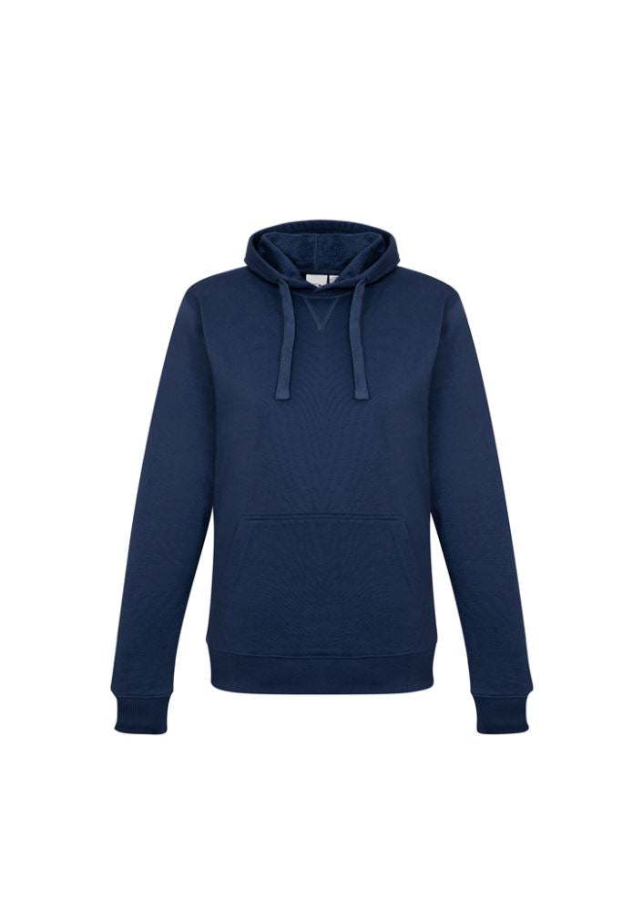Navy crew pullover hoodie for ladies, size XS, featuring a cozy fleece blend, kangaroo pocket, and adjustable hood.