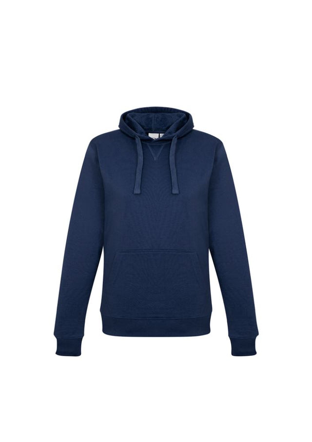Navy crew pullover hoodie for ladies, size XS, featuring a cozy fleece blend, kangaroo pocket, and adjustable hood.