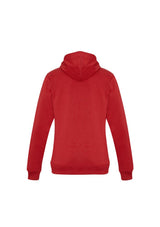 Ladies red pullover hoodie in size XL with kangaroo pocket, shoelace drawstring, and ribbed cuffs for warmth and style.