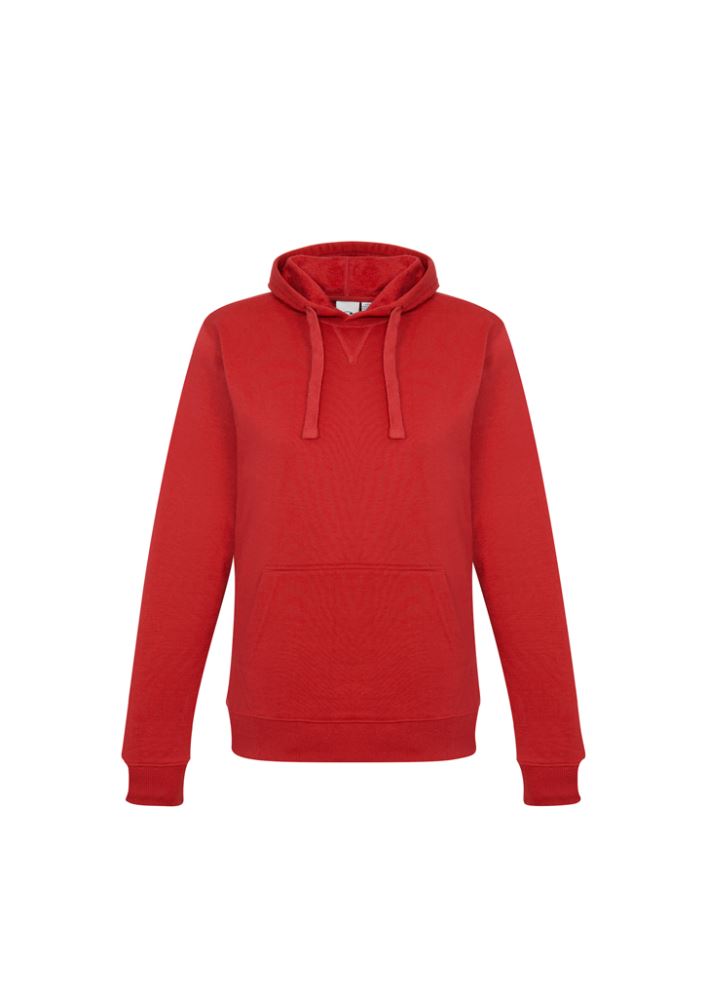 Ladies red crew pullover hoodie with kangaroo pocket, hood, and ribbed cuffs, made from soft polyester-cotton blend. Size XS.