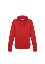 Ladies red crew pullover hoodie with kangaroo pocket, hood, and ribbed cuffs, made from soft polyester-cotton blend. Size XS.