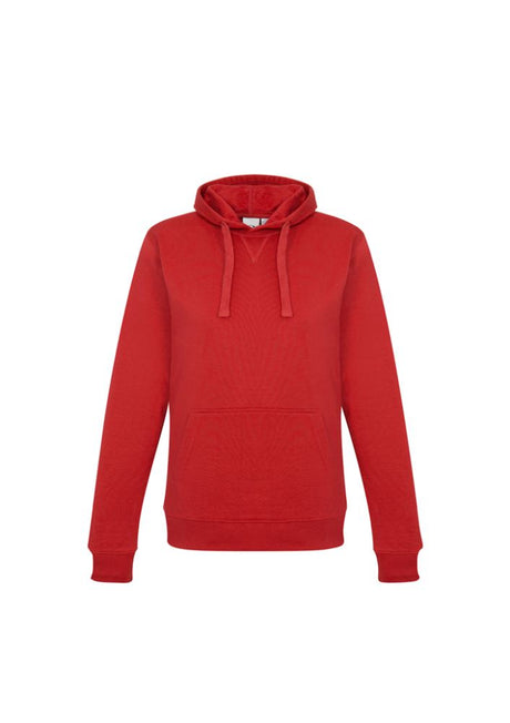 Ladies red crew pullover hoodie with kangaroo pocket, hood, and ribbed cuffs, made from soft polyester-cotton blend. Size XS.