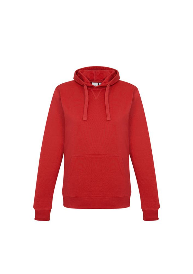 Ladies red crew pullover hoodie with kangaroo pocket, hood, and ribbed cuffs, made from soft polyester-cotton blend. Size XS.