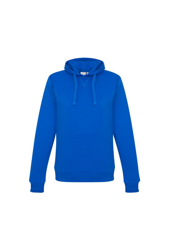 Royal blue ladies crew pullover hoodie in size XS, featuring a front kangaroo pocket and wider drawstring for a cozy fit.