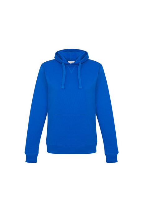 Royal blue ladies crew pullover hoodie in size XS, featuring a front kangaroo pocket and wider drawstring for a cozy fit.