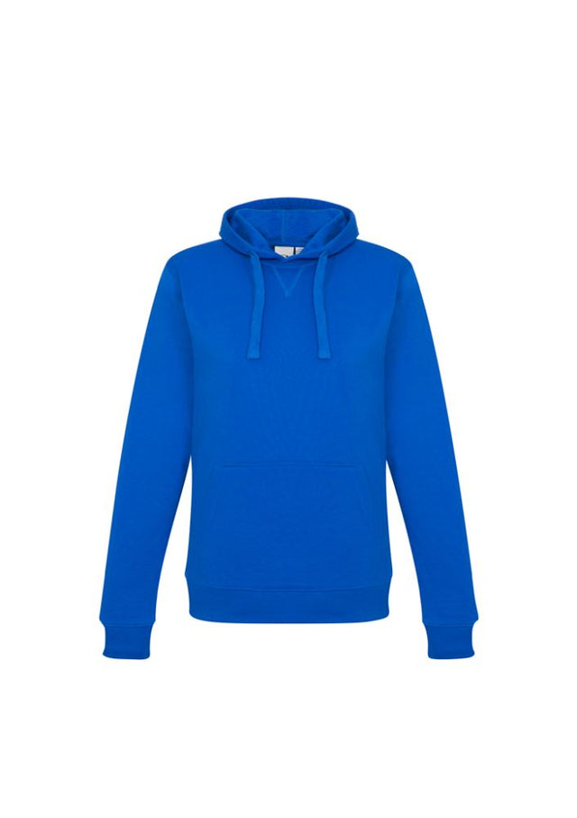 Royal blue ladies crew pullover hoodie in size XS, featuring a front kangaroo pocket and wider drawstring for a cozy fit.