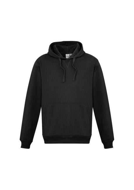 Men's black pullover hoodie with kangaroo pocket, drawstring hood, and ribbed cuffs, crafted from comfortable polyester-cotton fleece.