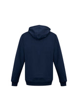 Navy men's crew pullover hoodie with kangaroo pocket and shoelace drawstring, crafted from durable polyester-cotton fleece.