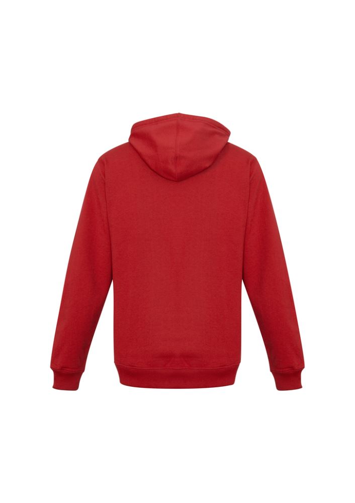 Men's red crew pullover hoodie from Biz Collection, size S, featuring a kangaroo pocket and wider drawstring for comfort and style.