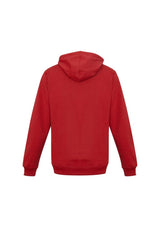Men's red crew pullover hoodie from Biz Collection, size S, featuring a kangaroo pocket and wider drawstring for comfort and style.