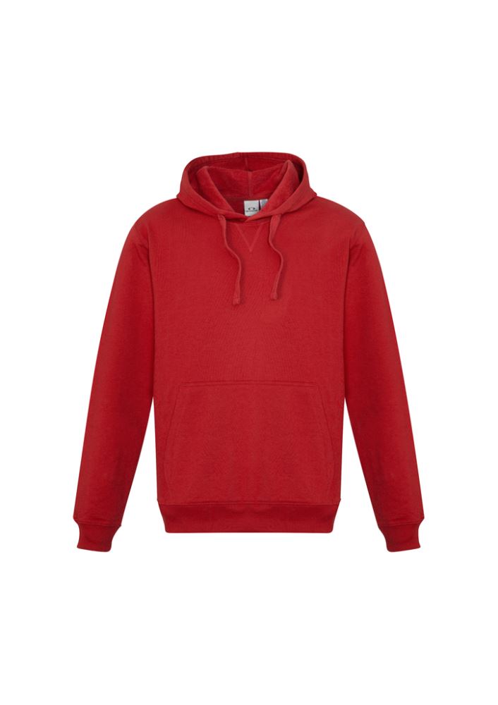 Men's red crew pullover hoodie with kangaroo pocket, wider drawstring, and ribbed cuffs, perfect for casual wear. Size XS.